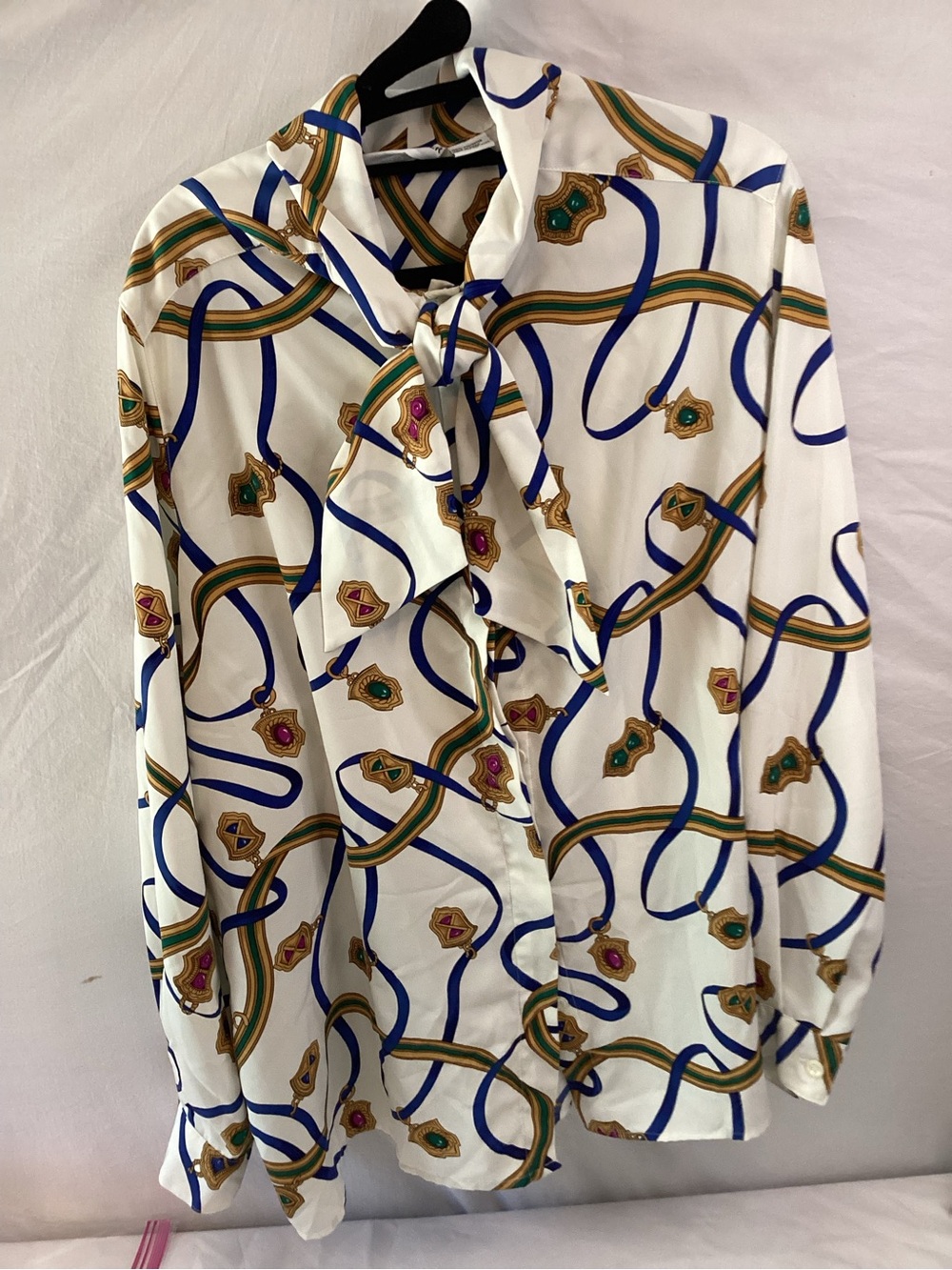 Alfred Dunner White Button-Up Shirt with Blue, Gold & Green Chain Print